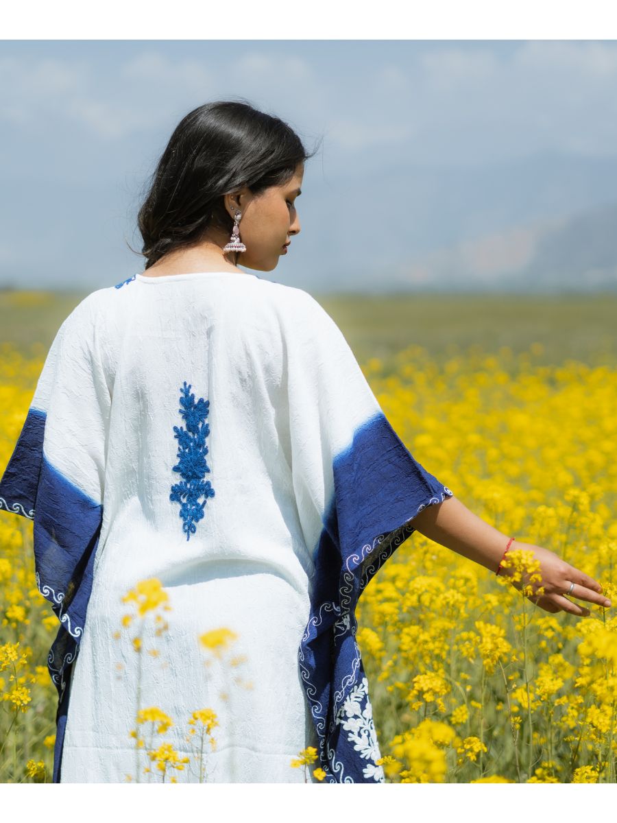 Kohsar White Cotton Kaftan with Indigo Valley Aari Embroidery - KaarKash